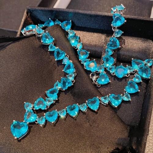 Luxury 50mm Sea Blue Sapphire 925 Sterling Silver Necklace Shiny Zirconia Crystal Tennis Sweater Long Necklaces for Ladies