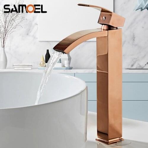 Rose Gold Waterfall Basin Faucet Mixer Deck-mount Copper Square Bathroom Hot and Cold Water Tap torneira banheiro RS356