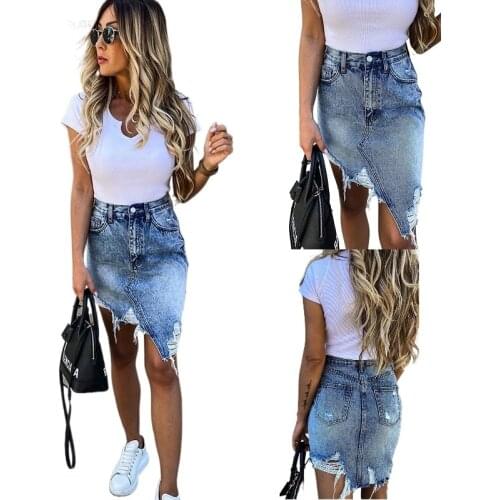 Women Summer Denim Skirts Ripped Hole Irregular Bandage Jeans Skirt Ladies Casual Skirts
