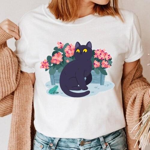 Women Cat Flower 90s Trend Graphic Top Print Clothing 90s T Shirt Female Tee Ladies Fashion Short Sleeve Cartoon T-shirt