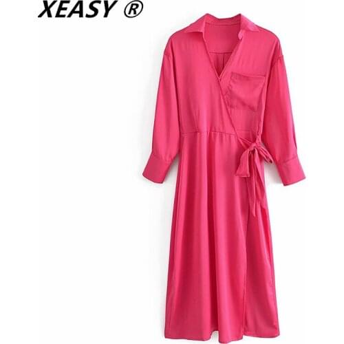 XEASY 2021 Women Fashion Solid Color Cross V Neck Satin Midi Shirt Dress Chic Office Lady Lace Up Bow Pocket Leisure Vestidos