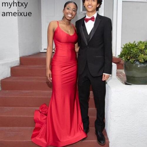 New Custom Event Evening Dresses Spaghetti Straps Red Stretch Satin Long Ceremony Dress 2021 Mermaid Formal Party Robe De Soiree