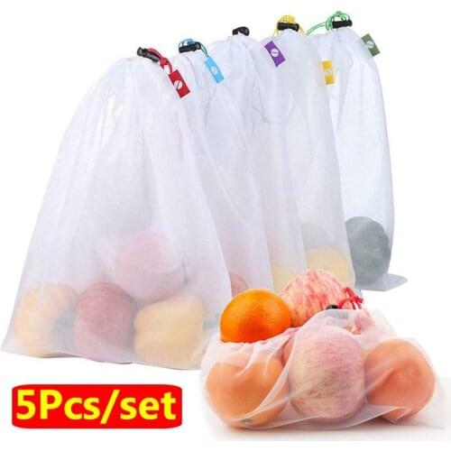 5 Packs Reusable Mesh Bag Fruit and Vegetable Mesh Polyester Storage Bag Shopping Storage Sundries Bag