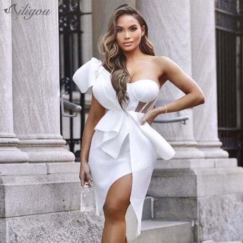 Ailigou Womens Sexy Bodycon Dress 2021 New Summer Asymmetrical Ruffled White One Shoulder Bodycon Dress Celebrity Party Dress