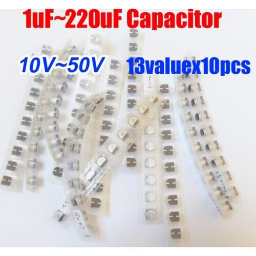 13valuesX10pcs=130pcs SMD 10V~50V Aluminum Electrolytic Capacitor Assortment Kit 1uf~220uf