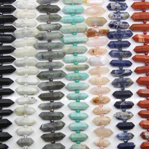 15.5"Strand Natural Stone Central Drilled Double Point Pendants,Faceted Gems Hexagon Slice Stick Spike Beads For Jewelry Making