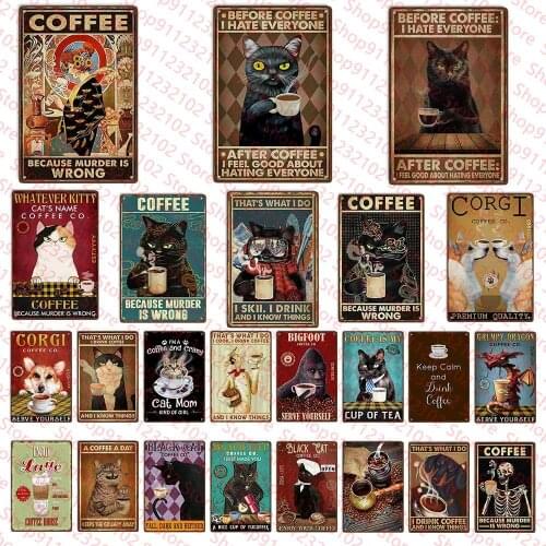 Black Cats Coffee Metal Sign Retro Tin Sign for Coffee Shop Family Bar Door Wall Decorator Shabby Chic Home Kitchen Decor