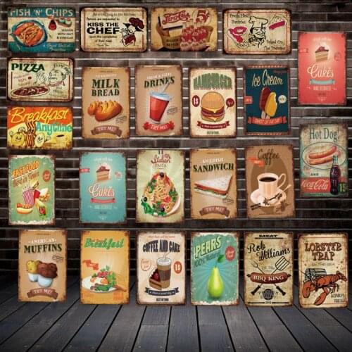 [ DecorMan ] FAST FOOD Drink PIZZA BBQ Muffins CAKES MILK Wall Signs Custom Poster Metal Paintings Bar PUB Decor LT-1794
