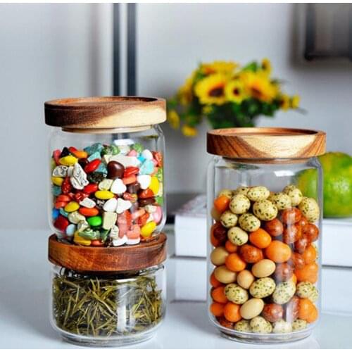 Wood Lid Glass Airtight Canister Kitchen Storage Bottles Jars Food Container Grains Tea Coffee Beans Grains Candy Jar Containers