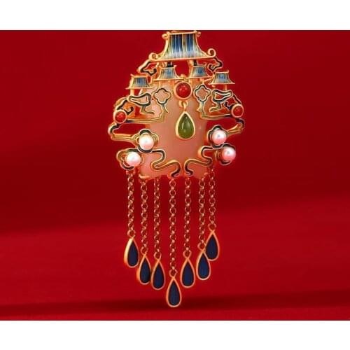 Designer original new inlaid enamel porcelain natural Hetian jade pearl tassel brooch luxury exquisite ladies silver jewelry