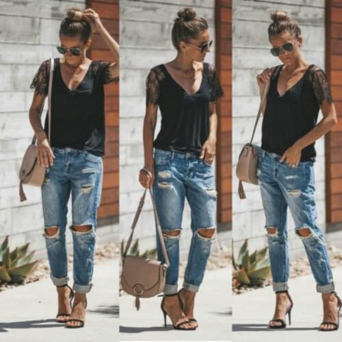 T-Shirt 2018 New Brand Fashion Women Short Sleeve Loose V-Neck Casual Summer Lace Tops T-Shirt