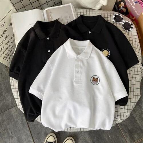 2021 Cute Summer Korean Animal Embroidery Shirt Harajuku Japan Casual Solid T Shirt Hip Hop Punk Loose Student Shirt Funny Tops