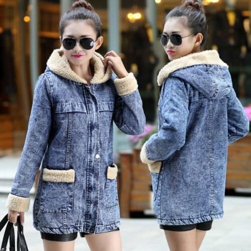 Harajuku Winter Denim Jacket for Women Warm Coat Long Sleeve women Bomber Jacket Hooded Casual Vintage Jaqueta Feminina