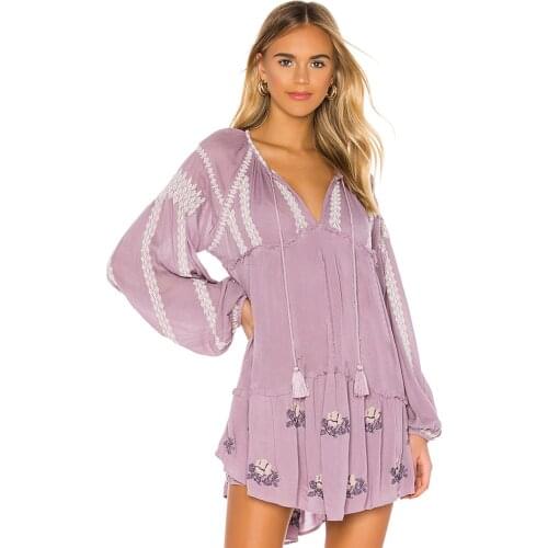 Jastie Boho Floral Embroidery Mini Dress Tassel V Neck Long Sleeve Autumn Women Dresses Casual Beach Loose Short Women Dresses