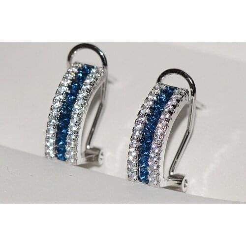 Cute Silver Color Stud Earrings with Blue Zircon Stone Round Fashion Korean Earring Jewelry S925