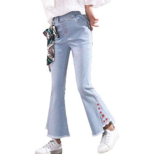 Hot Deals Fashion Girls Cherry Flare Jeans With 3D Flowers Spring Autumn High Waist Elastic Denim Pants Elegant Kids Trousers