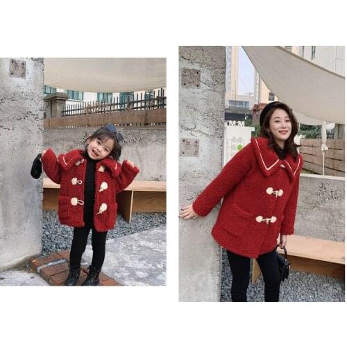 New Korean style winter faux lamb fur thick jacket outwear with horns buckle for girls and women parent-child clothing