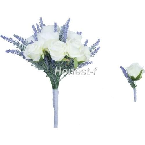 Original Hand Tie Artificial Flocked Lavender ,Rose Flower Bouquet with Men Groom Corsage for Wedding Home Office Arrangement