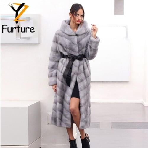 Luxury Women Real Mink Fur Hooded Coat Imported Sapphire Winter Warm Leather Belt Slim Full Pelt Twill Design 110cm Long Jackets