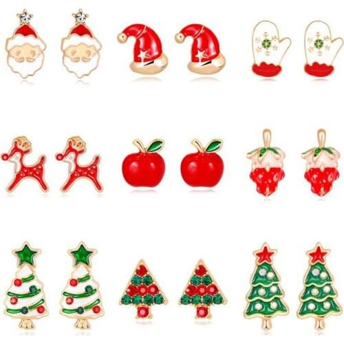 Christmas Series Ear Stud Earring Fashion Enamel Cute Christmas Hat Tree deer Santa Claus Design Women Earrings Bijoux Gift BAZH