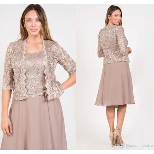 Chiffon Mother Of The Bride Dresses Cheap Mother Formal Gowns Two Pieces Knee-Length Plus Size Lace A-line Evening Prom Dress