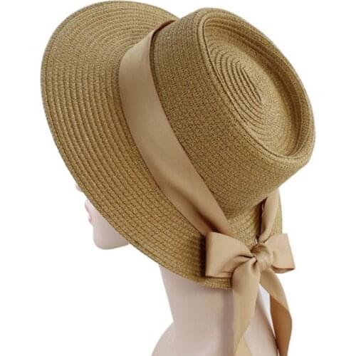 Ladies Handmade Natural Straw Hat Summer Beach Hat for Women Men Panama Cap Fashion Concave Flat Protetion Visor Sun Boat Hats