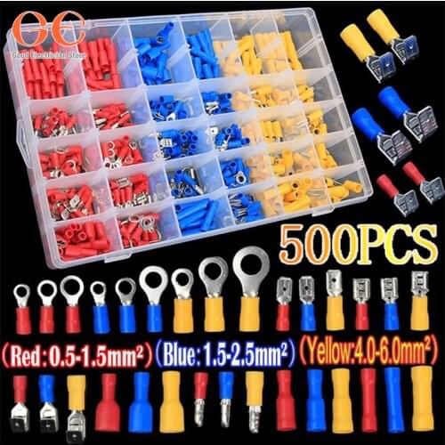 500PCS AWG22-10/05-6.0mm Assorted Insulated Electrical Spade Ring Bullet Piggyback Butt Connectors Wire Crimp Terminals Kits