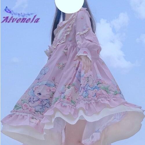Lolita Dress Sweet Soft Girl Ruffle OP Dresses Bow Long Sleeve Cartton Kawaii Girls Women Party Vestidos AFC815