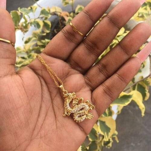 Dragon Pendant Necklaces for Women Men Gold Color Jewellery Cubic Zirconia Mascot Ornaments Lucky Symbol Talisman Party Gift