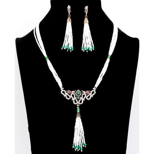 Vintage Beaded Jewelry Sets Multi Bead Chain Necklace Bead Tassel Earring Antique Gold Color Turkish Flower Wedding Bijoux Gift