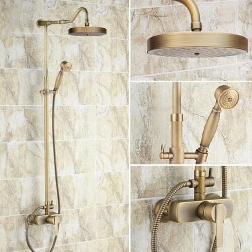 Vintage Retro Antique Brass Single Handle Bathroom 7.7 Inch Round Rain Shower Faucet Set Bath Mixer Tap Hand Shower mrs207