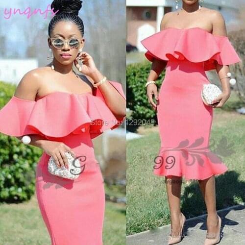 YNQNFS C16 Chic Satin Tea Length Off Shoulder Ruffles Dress Party Coral Robe Cocktail 2019
