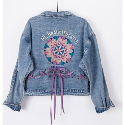 Loose plus size BF embroidery Women 2020 spring Autum Denim Jackets Washed Blue Jeans Coat Turn-down Collar Outwear Jacket JC182