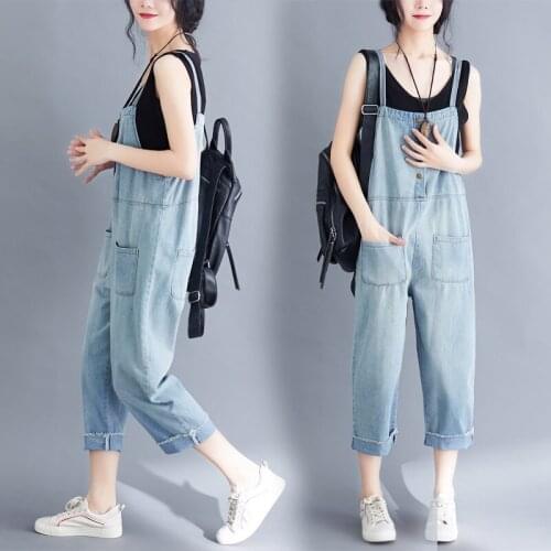 Summer 2019 Jumpsuits For Women Denim Overalls Casual Loose Korean Style Light Blue Jean Jumpsuit For Ladies AA4948