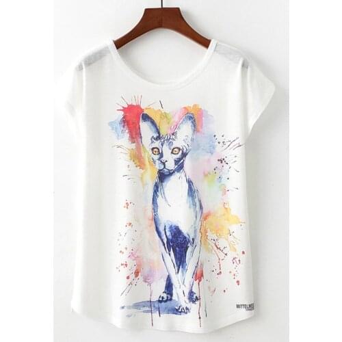 Cute Geometric Animal Printing Woman T-Shirts O-Neck Harajuku Tops White Cartoon Tshirts Summer Top Tee Casual T Shirt Women