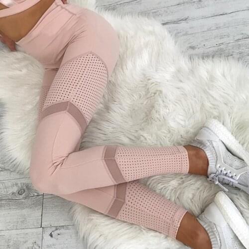 NORMOV Mesh Fitness Leggings Ankle-Length Stitching Hollow Sold Soft Pants Slim Elasticity Push Up Ladys Legging Women Fashion