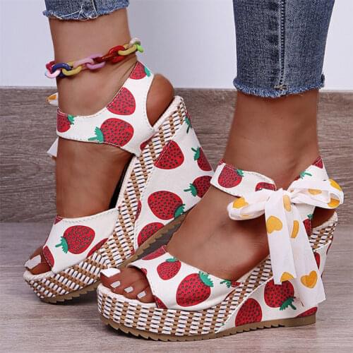 Women Platform Sandals 2021 Woman Print Bow Wedges Ladies Summer Lace Up Shoes Female Casual Elegant Footwear Womens Comfort