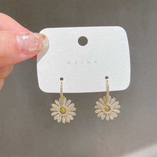 Korea New Design Fashion Jewelry AAA Zircon 14K Real Gold Plating Daisy Earrings Luxury Shiny Womens Wedding Accessories