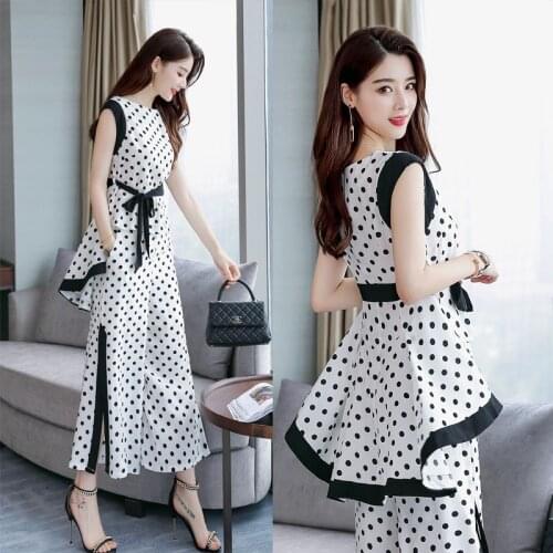 Womens wide leg pants suit female summer womens new temperament commute chiffon wave point shirt loose nine pants two sets