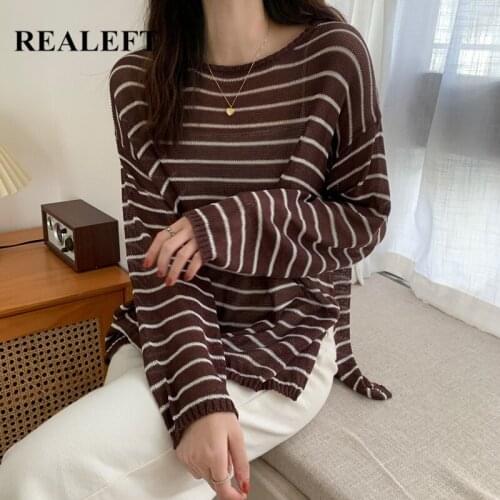REALEFT Spring Autumn Classic Striped Thin Womens Knitted Pullover 2021 New Long Sleeve Casual Loose Sweaters Female Chic Tops