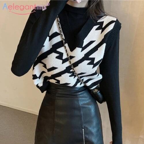 Aelegantmis V Neck Houndstooth Knitted Vest Women Casual Korean Spring Autumn Sleeveless Sweater Waistcoats Femme Pullover 2021