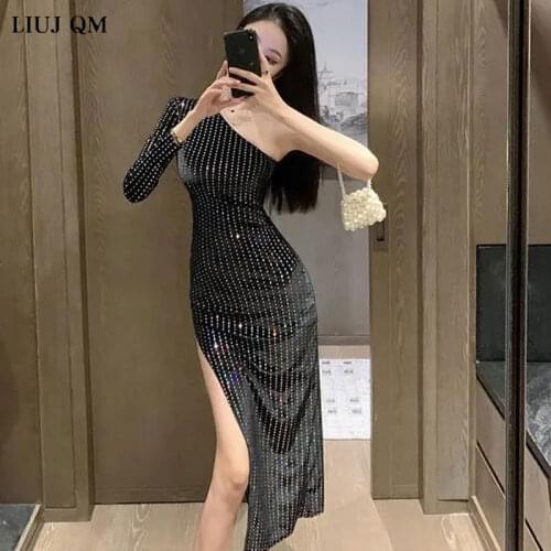 Womens Summer Dress 2021 Fashion Sexy Off Shoulder Gold Hot Waist Split Evening Party Dresses Diagonal Collar Long Dress Women