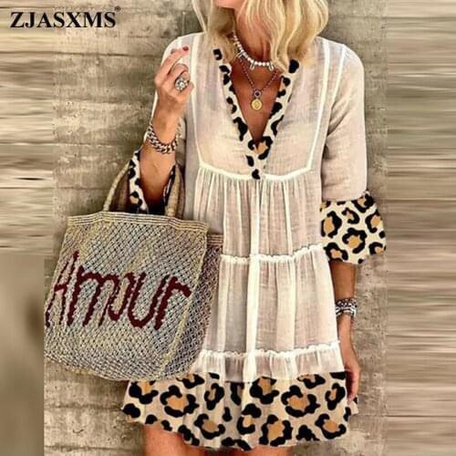 2021 Autumn 3/4 Flare Sleeve Pleated Party Dress Women V Neck Leopard Print Patchwork Mini Dress Spring Loose Office Lady Dress
