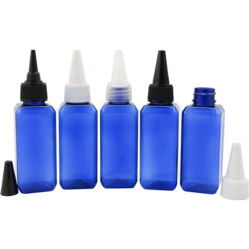 100pcs/lot 50ml Square Blue Plastic Bottles with Pointed Mouth Top For Skin Care Cream Shampoo Gel Bottle