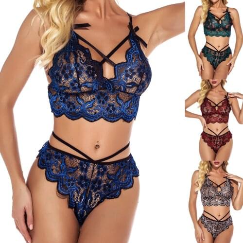 2021 Sexy Lingerie Sets Women Embroidery Lace Wireless Bra Lingerie Set Hollow Out Thong Garter Erotica Sleepwear Sets