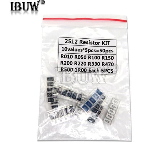 50PCS 1% 2512 SMD Resistor Samples kit 10ValueX5PCS=50pcs 1R00 R500 R470 R330 R220 R200 R150 R100 R050 R010