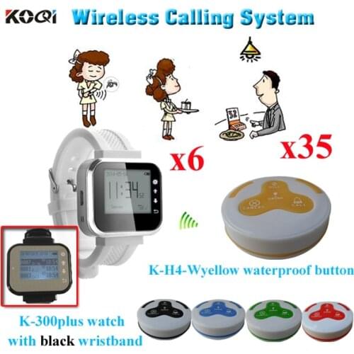 Waiter Wireless Calling System 6pcs Waiter Watch Pager K-300plus With 35pcs Waterproof Food Call Button K-H4