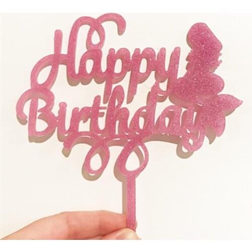 INS Glitter Mermaid Acrylic Happy Birthday Cake Topper Pink Birthday Cupcake Topper for Girls Birthday Party Cake Decorations