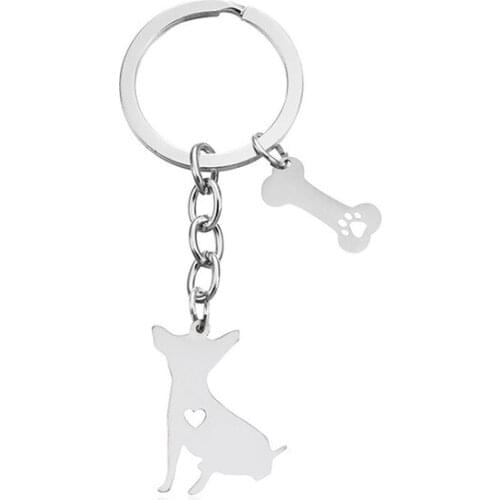 New Chihuahua Keychains Trendy Stainless Steel Silky Terrier Key Chains Silver Color Dog Bones Keyrings Jewelery