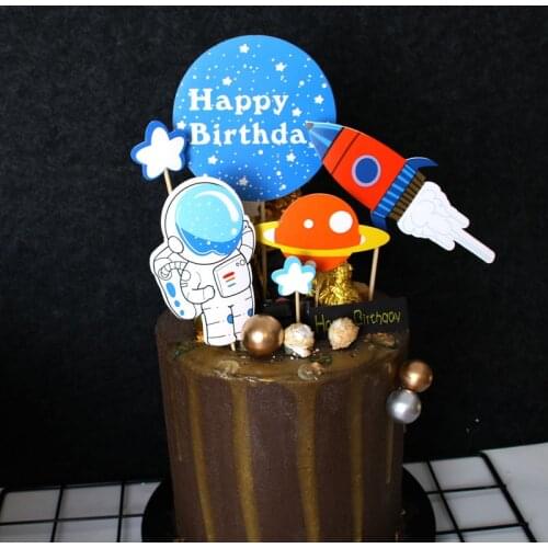 Outer Space Birthday Cake Decor Astronaut Cupcake Toppers Rocket Planets Theme 1st Happy Birthday Party Decor Kids Boys Girls